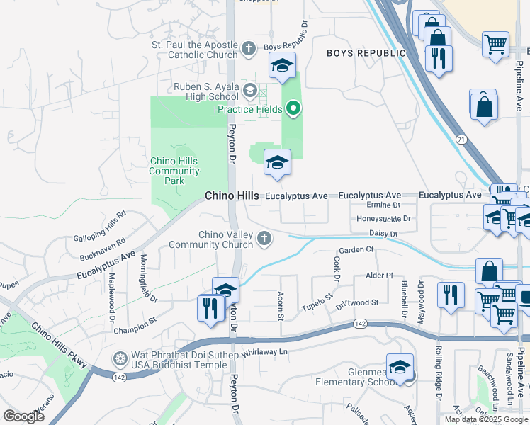 map of restaurants, bars, coffee shops, grocery stores, and more near 14545 Reservoir Place in Chino Hills