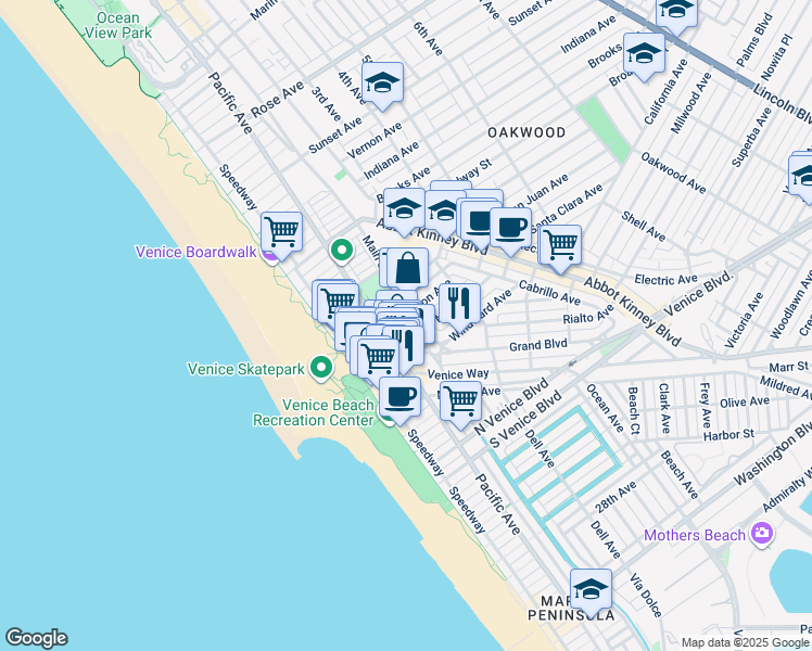map of restaurants, bars, coffee shops, grocery stores, and more near 1501 Main Street in Los Angeles