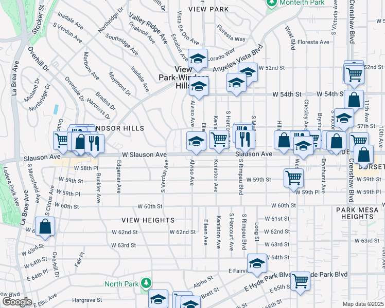 map of restaurants, bars, coffee shops, grocery stores, and more near West Slauson Avenue & Alviso Avenue in Los Angeles