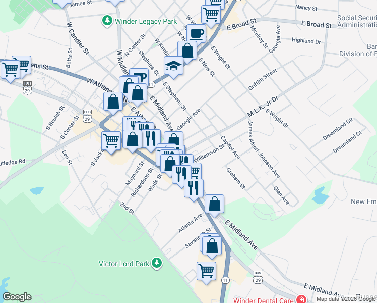 map of restaurants, bars, coffee shops, grocery stores, and more near 108 East Midland Avenue in Winder