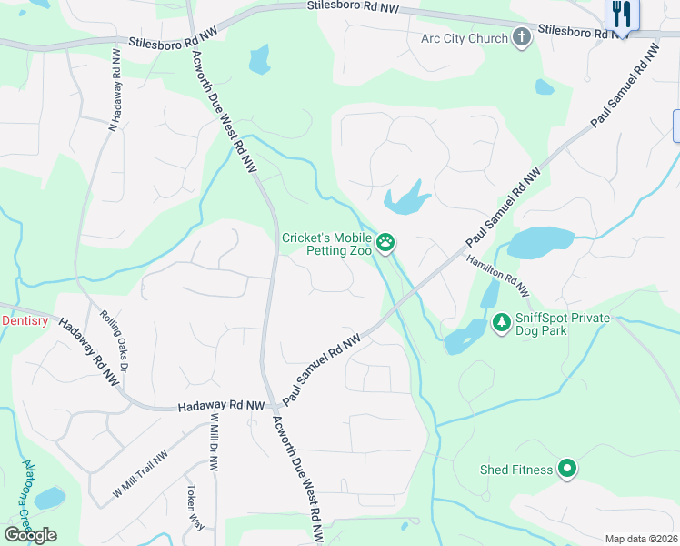 map of restaurants, bars, coffee shops, grocery stores, and more near 4030 Cooks Farm Drive Northwest in Kennesaw