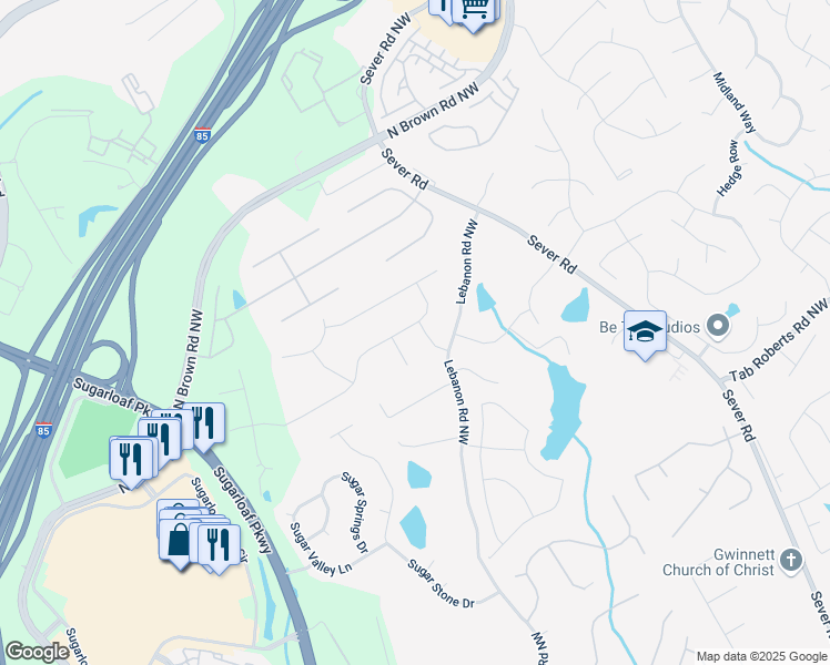 map of restaurants, bars, coffee shops, grocery stores, and more near 2130 Monticello Place in Lawrenceville