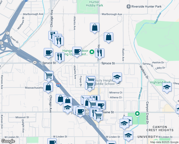 map of restaurants, bars, coffee shops, grocery stores, and more near 2562 Occidental Circle in Riverside