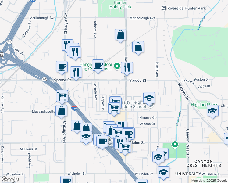 map of restaurants, bars, coffee shops, grocery stores, and more near 2532 Colgate Way in Riverside