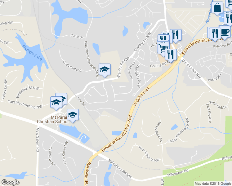 map of restaurants, bars, coffee shops, grocery stores, and more near 1375 Dukes Creek Drive in Kennesaw