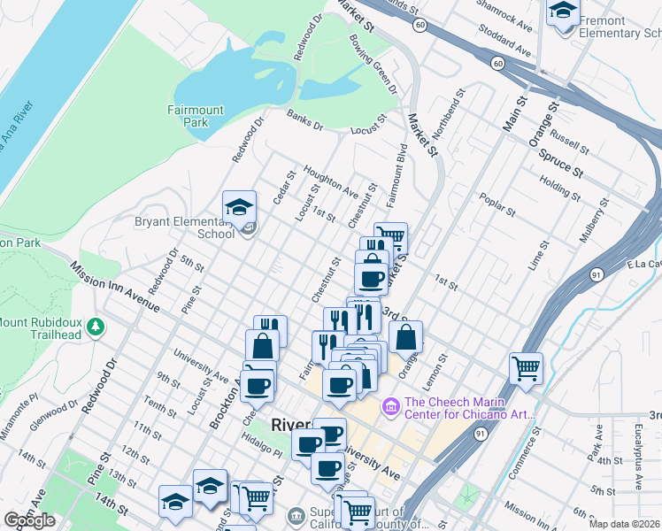 map of restaurants, bars, coffee shops, grocery stores, and more near 4003 3rd Street in Riverside