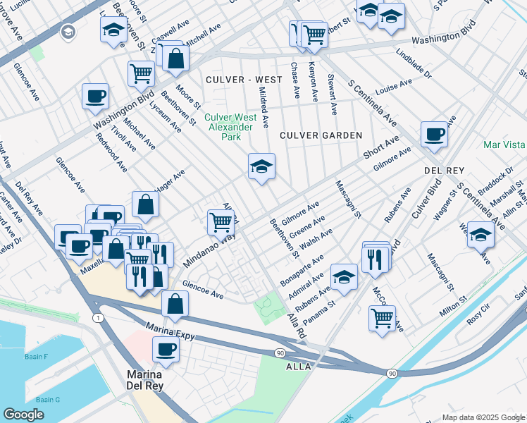 map of restaurants, bars, coffee shops, grocery stores, and more near 4375 Lyceum Avenue in Los Angeles