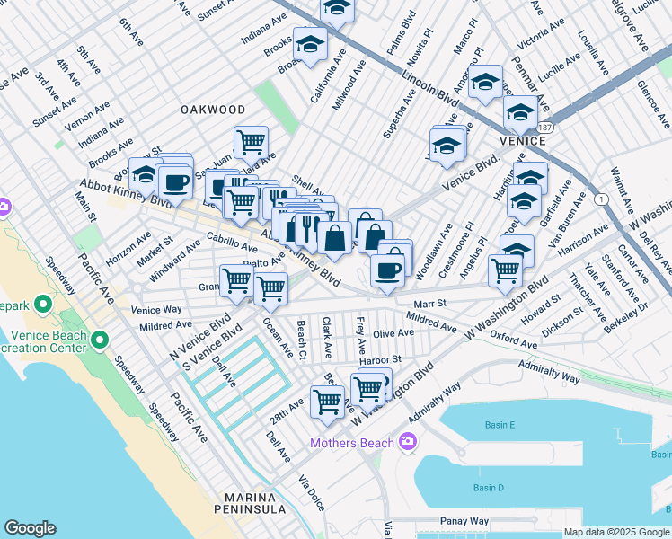 map of restaurants, bars, coffee shops, grocery stores, and more near 1735 Abbot Kinney Boulevard in Los Angeles