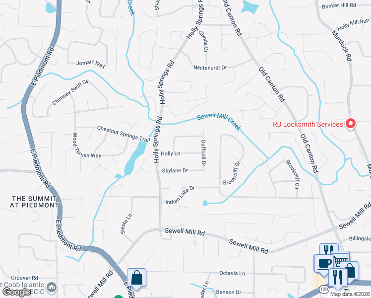 map of restaurants, bars, coffee shops, grocery stores, and more near 2616 Holly Lane in Marietta