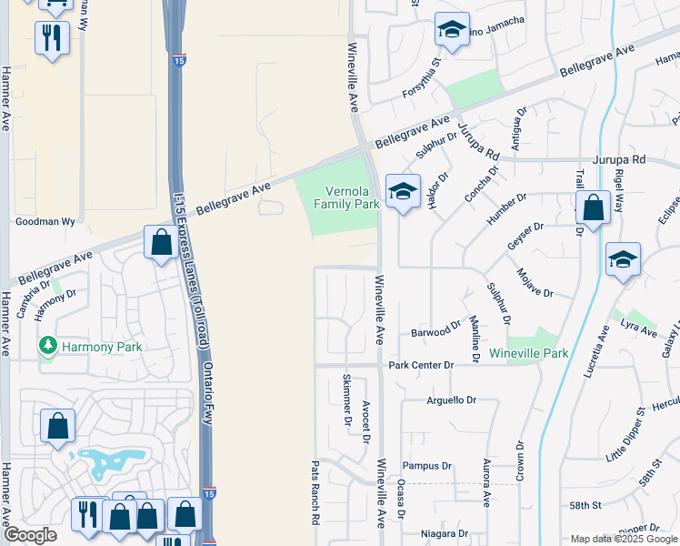 map of restaurants, bars, coffee shops, grocery stores, and more near Fulmer Court in Jurupa Valley