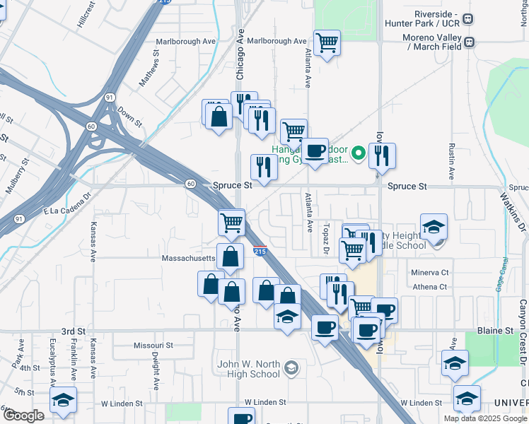 map of restaurants, bars, coffee shops, grocery stores, and more near 138 Sir Damas Drive in Riverside