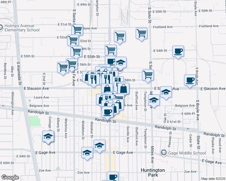 map of restaurants, bars, coffee shops, grocery stores, and more near in Huntington Park