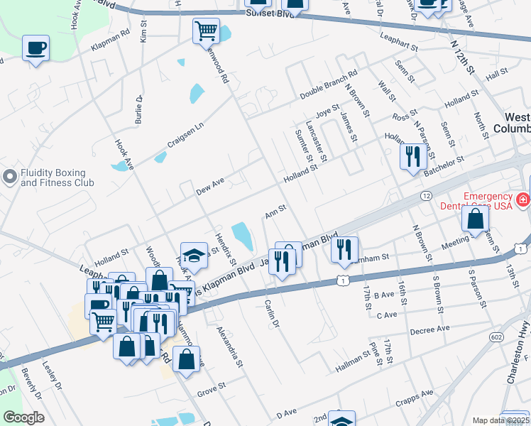 map of restaurants, bars, coffee shops, grocery stores, and more near 194 Pineview Road in West Columbia