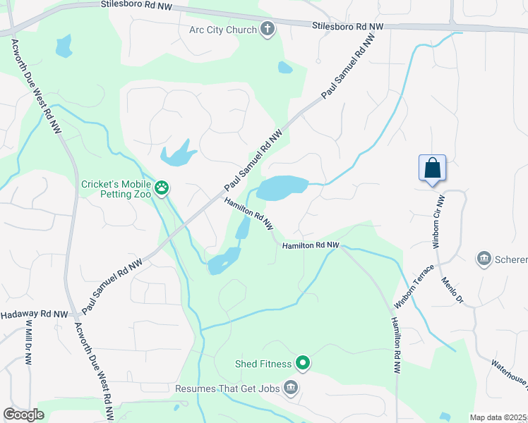 map of restaurants, bars, coffee shops, grocery stores, and more near 1388 Hamilton Road Northwest in Kennesaw
