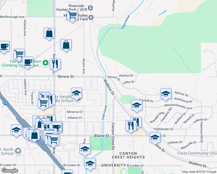 map of restaurants, bars, coffee shops, grocery stores, and more near 836 Kentwood Drive in Riverside