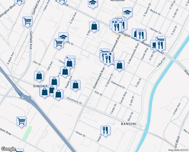 map of restaurants, bars, coffee shops, grocery stores, and more near 1301 South Greenwood Avenue in Montebello