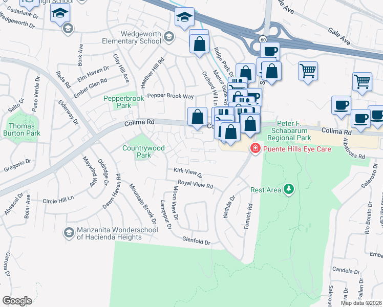 map of restaurants, bars, coffee shops, grocery stores, and more near 17076 Colima Road in Hacienda Heights