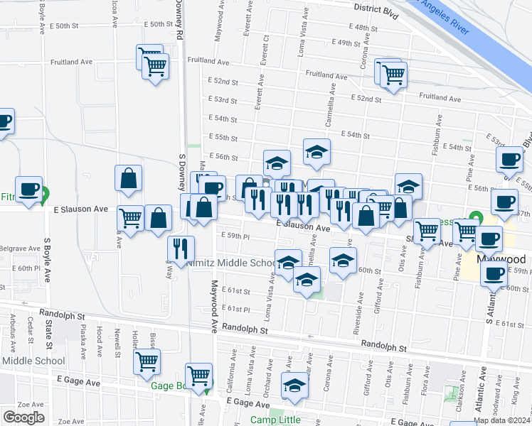 map of restaurants, bars, coffee shops, grocery stores, and more near 3633 Slauson Avenue in Maywood
