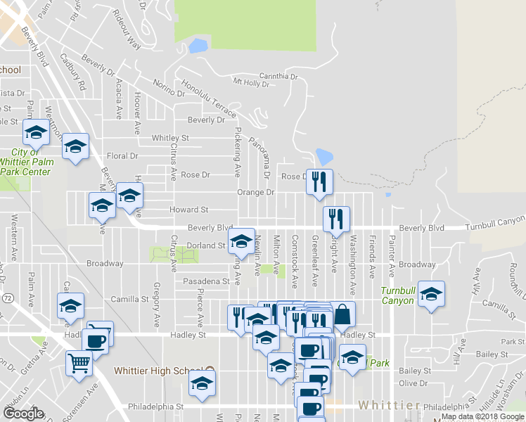 map of restaurants, bars, coffee shops, grocery stores, and more near 5830 Newlin Avenue in Whittier