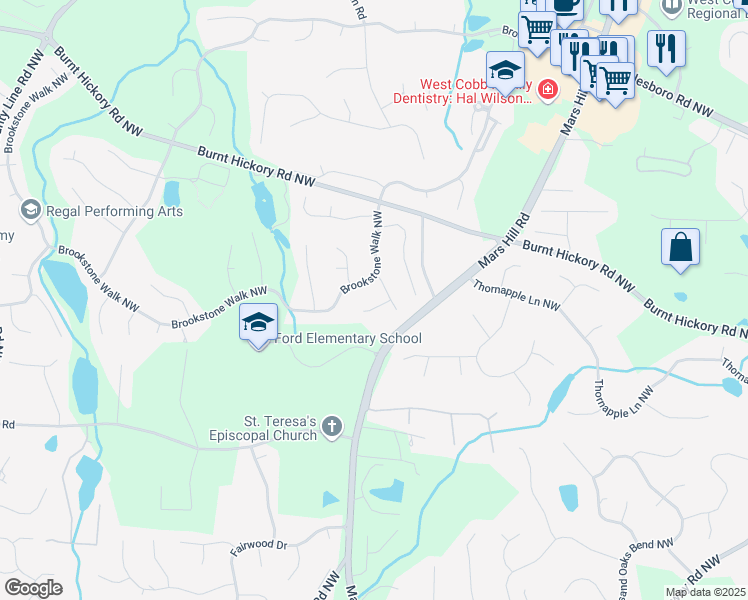 map of restaurants, bars, coffee shops, grocery stores, and more near 5628 Fallsbrook Knoll in Acworth