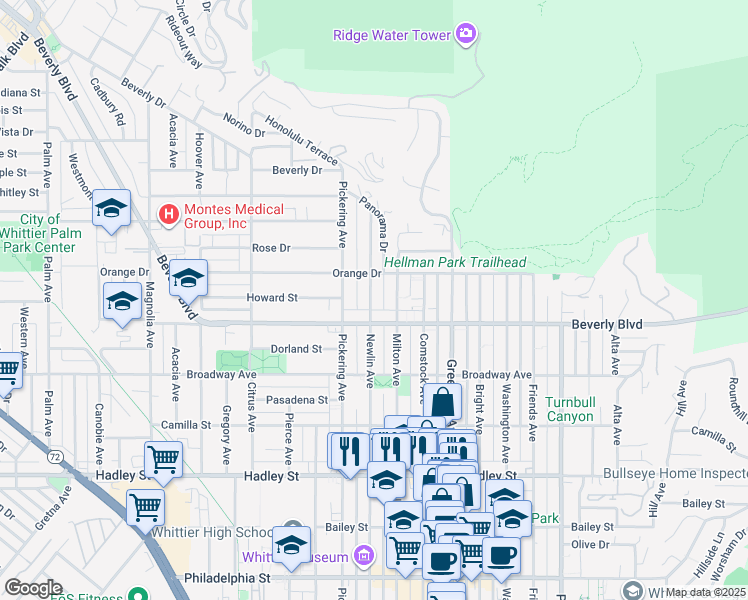 map of restaurants, bars, coffee shops, grocery stores, and more near 5830 Newlin Avenue in Whittier
