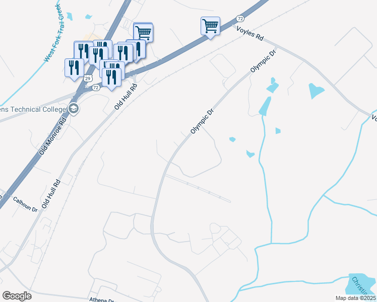 map of restaurants, bars, coffee shops, grocery stores, and more near 1730 Olympic Drive in Athens