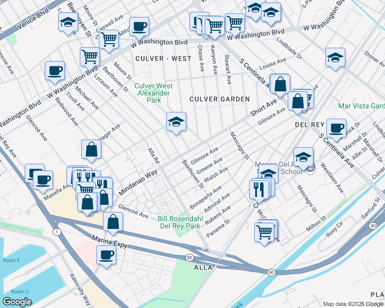 map of restaurants, bars, coffee shops, grocery stores, and more near 12846 Short Avenue in Los Angeles