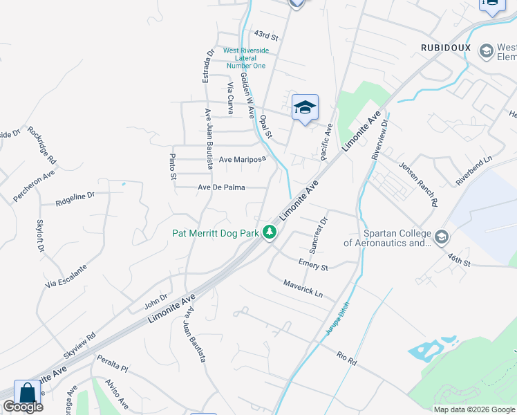 map of restaurants, bars, coffee shops, grocery stores, and more near 5500 Golden West Avenue in Riverside