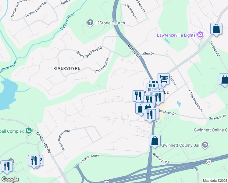 map of restaurants, bars, coffee shops, grocery stores, and more near 282 Swanson Drive in Lawrenceville