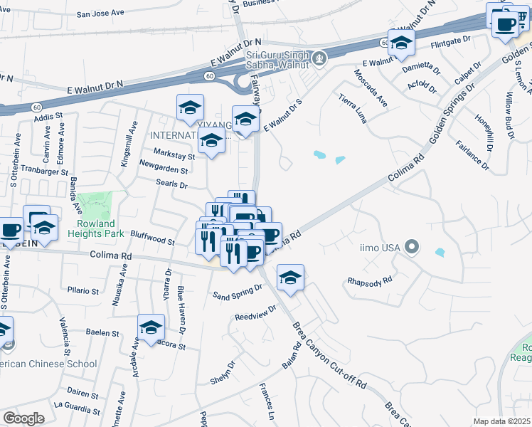 map of restaurants, bars, coffee shops, grocery stores, and more near 1520 Hallgreen Drive in Walnut