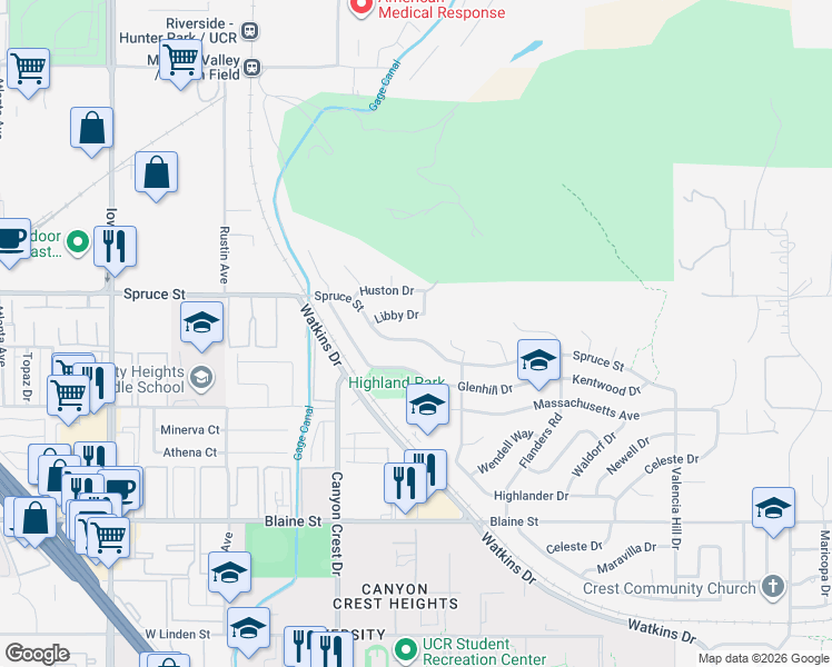 map of restaurants, bars, coffee shops, grocery stores, and more near 776 Spruce Street in Riverside