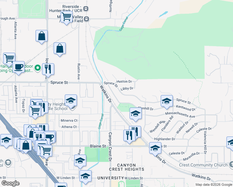 map of restaurants, bars, coffee shops, grocery stores, and more near 817 Kentwood Drive in Riverside