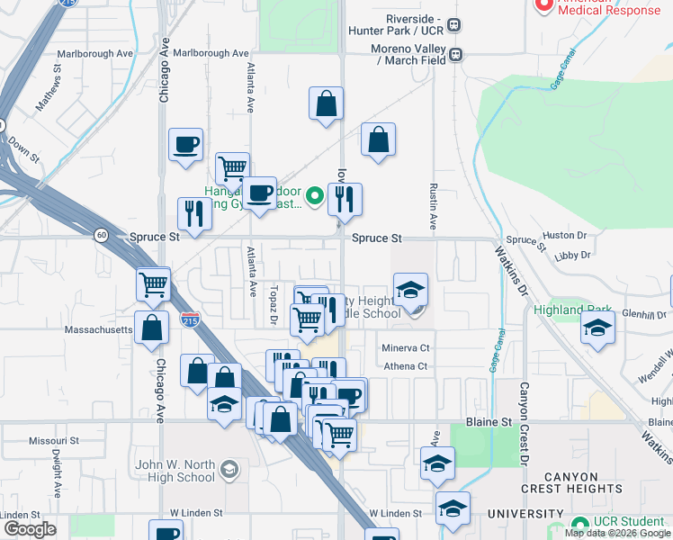 map of restaurants, bars, coffee shops, grocery stores, and more near 2561 Bryn Mawr Lane in Riverside