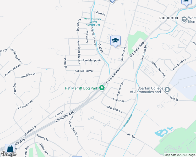 map of restaurants, bars, coffee shops, grocery stores, and more near 5500 Golden West Avenue in Riverside