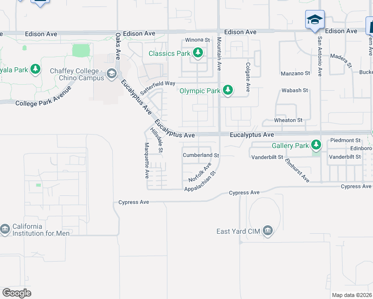 map of restaurants, bars, coffee shops, grocery stores, and more near 14590 Willamette Avenue in Chino