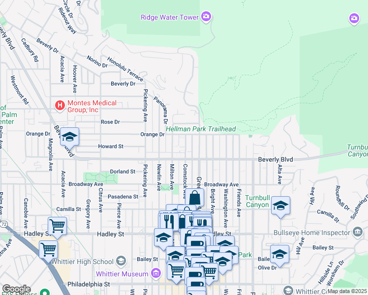 map of restaurants, bars, coffee shops, grocery stores, and more near 5849 Greenleaf Avenue in Whittier