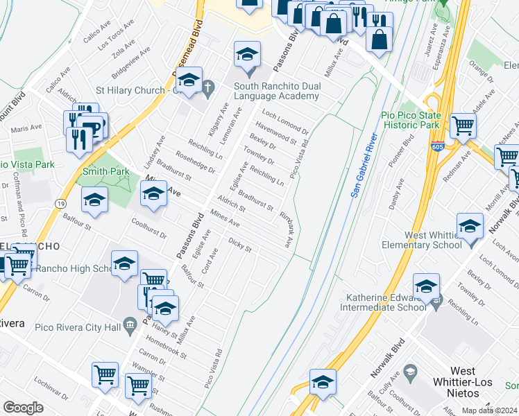 map of restaurants, bars, coffee shops, grocery stores, and more near 9557 Aldrich Street in Pico Rivera