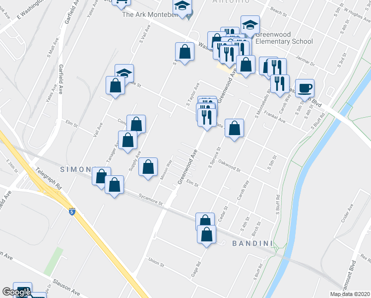 map of restaurants, bars, coffee shops, grocery stores, and more near 1321 Greenwood Avenue in Montebello