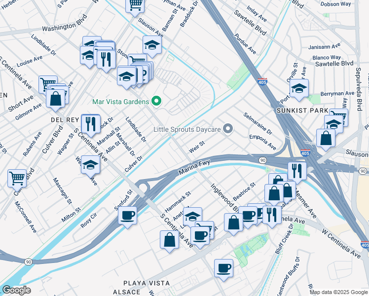 map of restaurants, bars, coffee shops, grocery stores, and more near 11980 Weir Street in Culver City