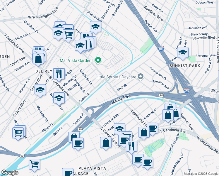 map of restaurants, bars, coffee shops, grocery stores, and more near 5120 Russo Street in Culver City