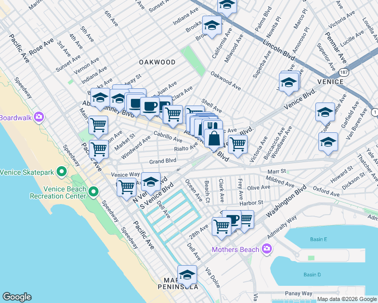map of restaurants, bars, coffee shops, grocery stores, and more near 577 Venice Way in Los Angeles