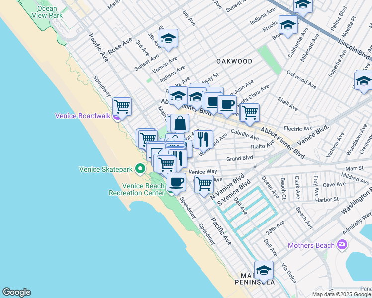 map of restaurants, bars, coffee shops, grocery stores, and more near 1501 Main Street in Los Angeles