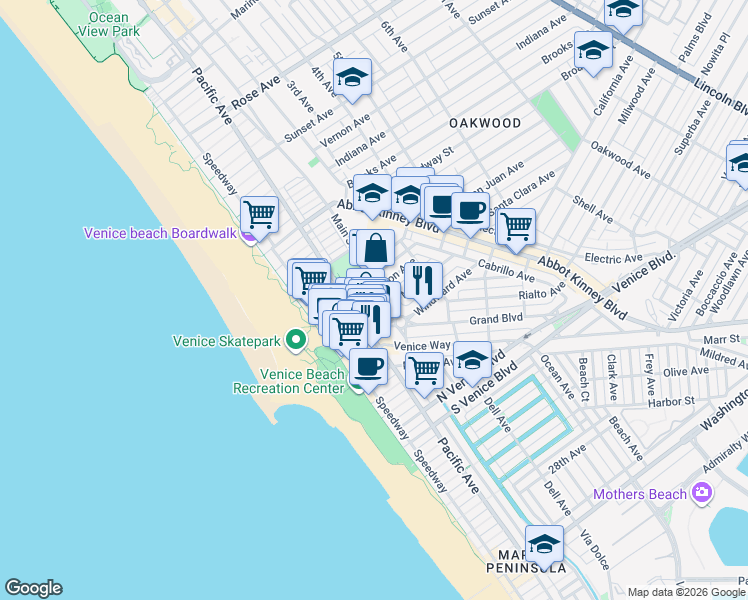 map of restaurants, bars, coffee shops, grocery stores, and more near 1501 Main Street in Los Angeles