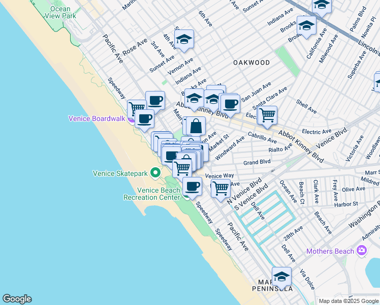map of restaurants, bars, coffee shops, grocery stores, and more near 85 Market Street in Los Angeles