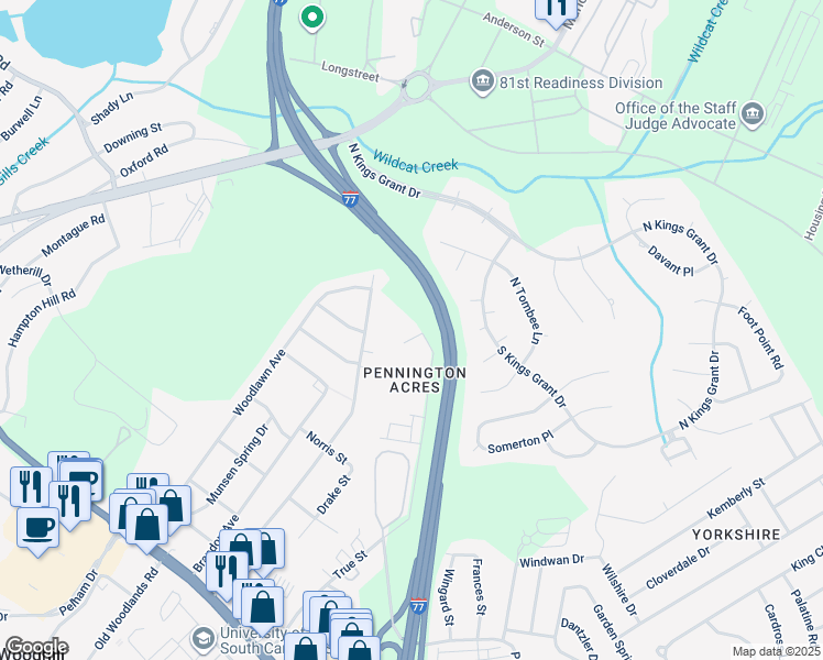 map of restaurants, bars, coffee shops, grocery stores, and more near 6530 Davidson Street in Columbia