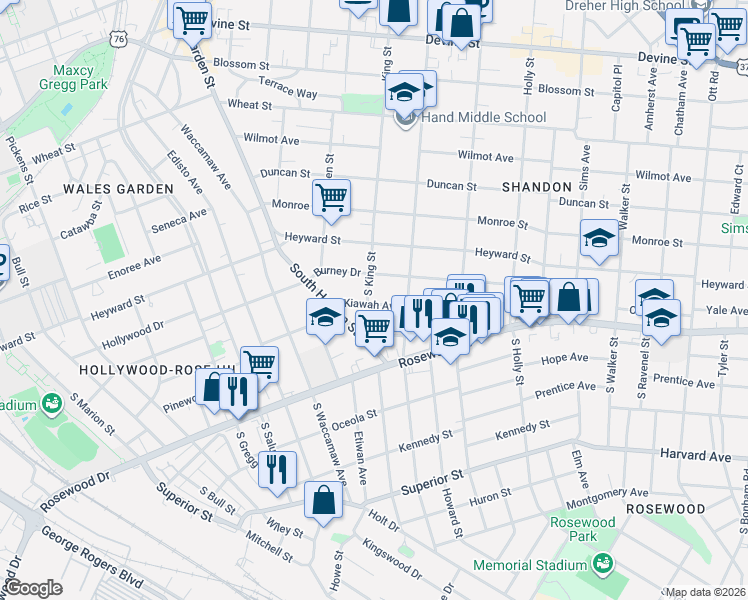 map of restaurants, bars, coffee shops, grocery stores, and more near 2612 Kiawah Avenue in Columbia