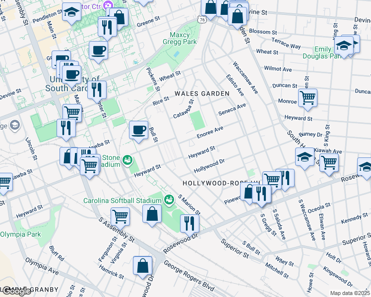 map of restaurants, bars, coffee shops, grocery stores, and more near in Columbia