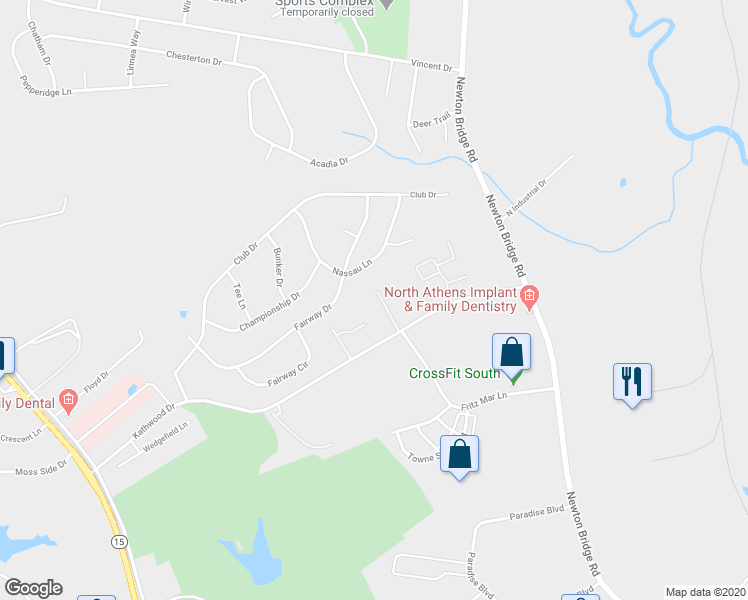map of restaurants, bars, coffee shops, grocery stores, and more near 135 Cumberland Court in Athens