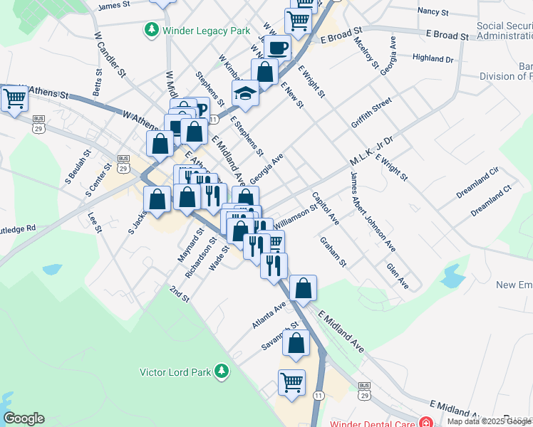map of restaurants, bars, coffee shops, grocery stores, and more near 108 East Midland Avenue in Winder