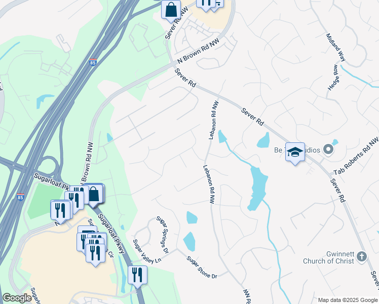 map of restaurants, bars, coffee shops, grocery stores, and more near 2130 Monticello Place in Lawrenceville